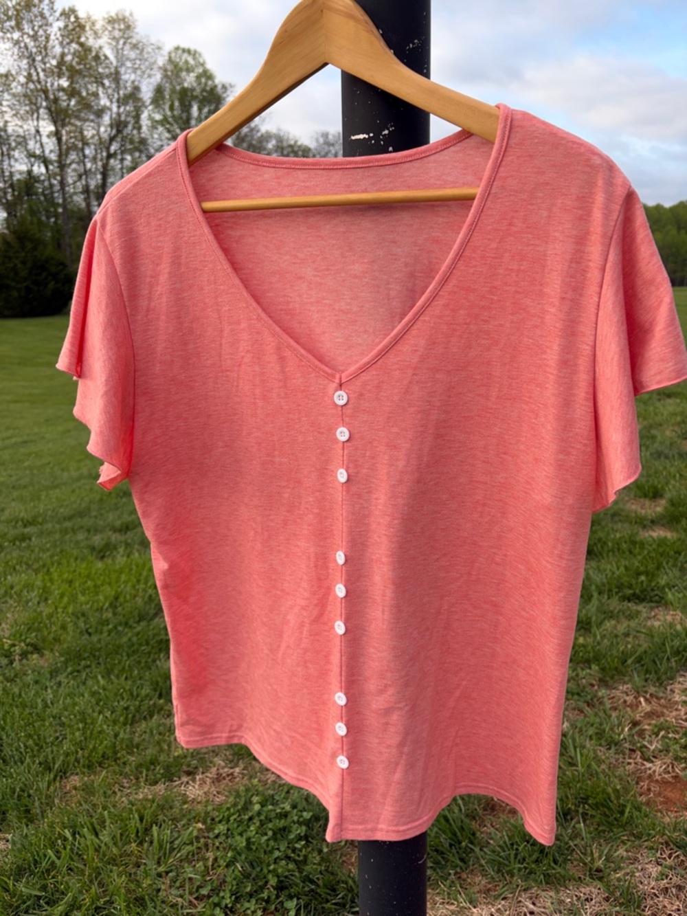 Coral button-front v-neck